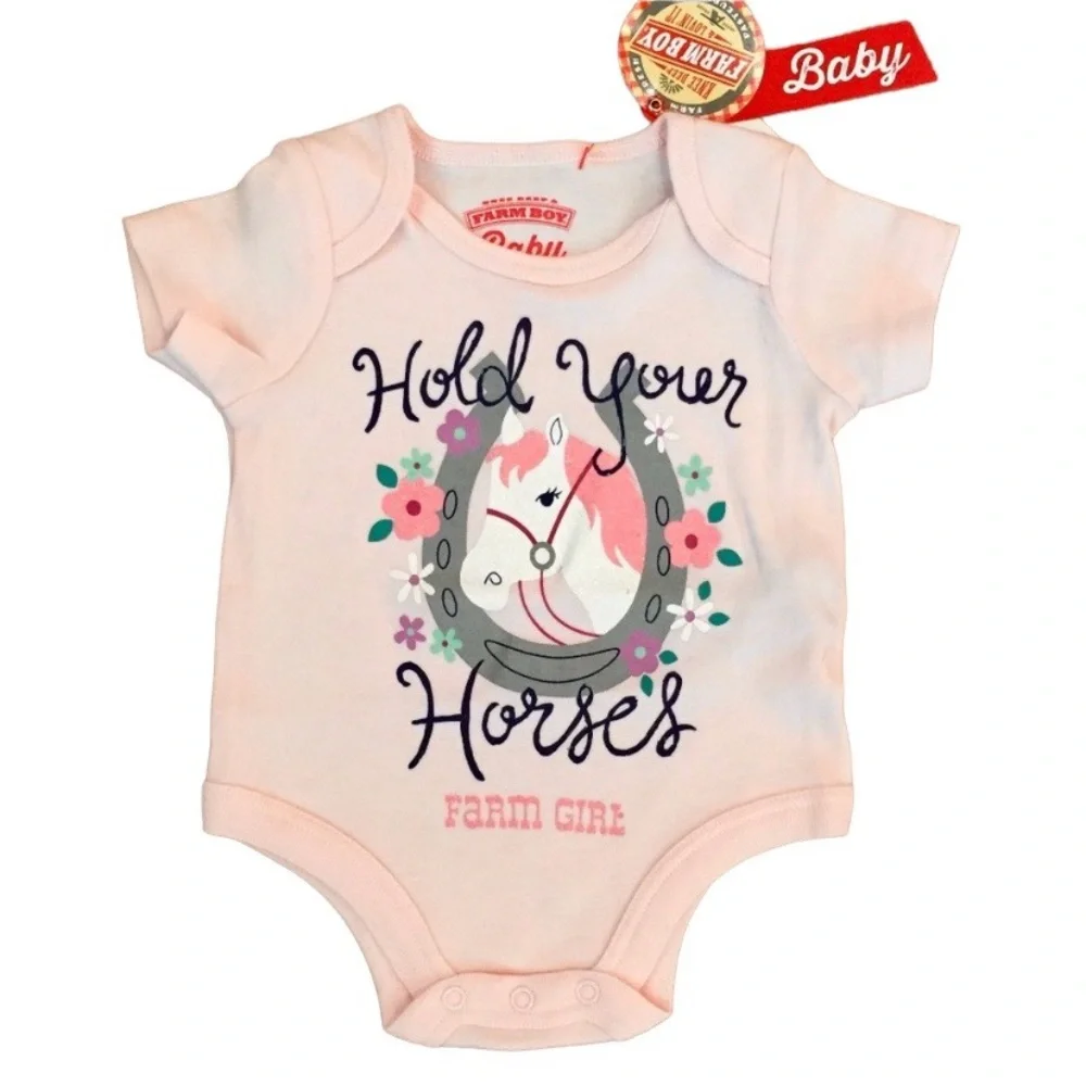 Farm Girl Brand 0-3 Months Baby Pink Hold Your Horses Floral Onsie